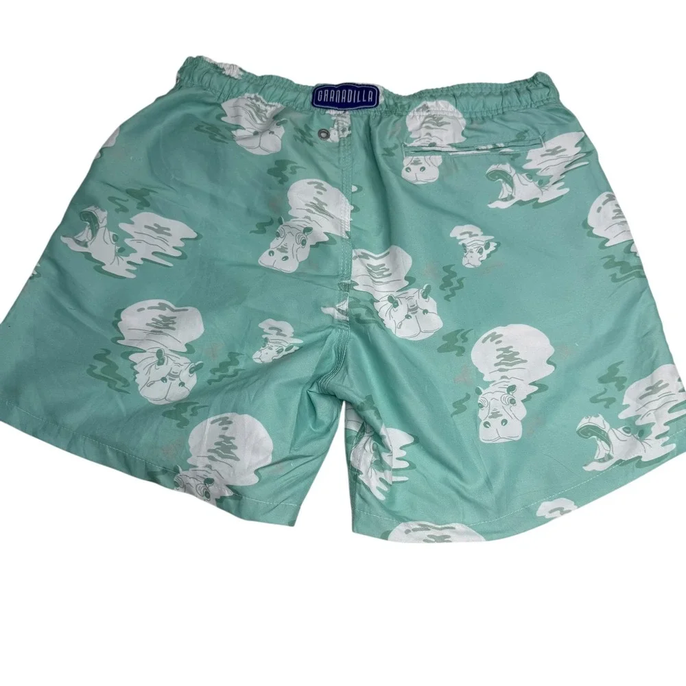 Granadilla Men's Swim Trunks Shorts Teal Hippo Print Elastic‎ Waist Size Small
